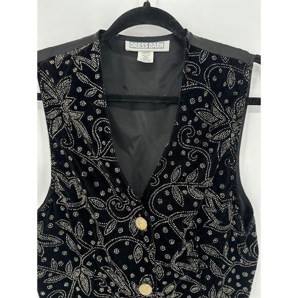 Vtg Dressbarn Velvet Vest M Black Gold Embellished Button Formal Party Holiday - Picture 2 of 6